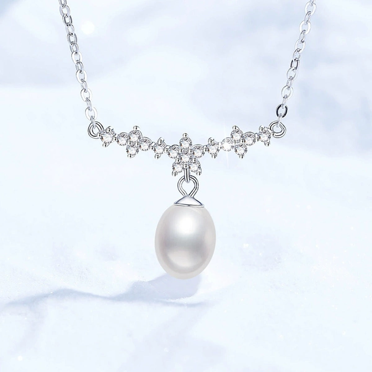 Station Moissanite Freshwater Pearl Necklace in White Gold-Plated S925 Sterling Silver on clean white background showing the station-style necklace with a rice-shaped freshwater pearl
