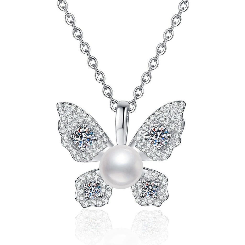 Butterfly Moissanite Freshwater Pearl Pendant Necklace with Cubic Zirconia in White Gold-Plated S925 Sterling Silver on clean white background showing the butterfly-inspired pendant with a freshwater pearl center