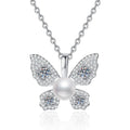 Butterfly Moissanite Freshwater Pearl Pendant Necklace with Cubic Zirconia in White Gold-Plated S925 Sterling Silver on clean white background showing the butterfly-inspired pendant with a freshwater pearl center