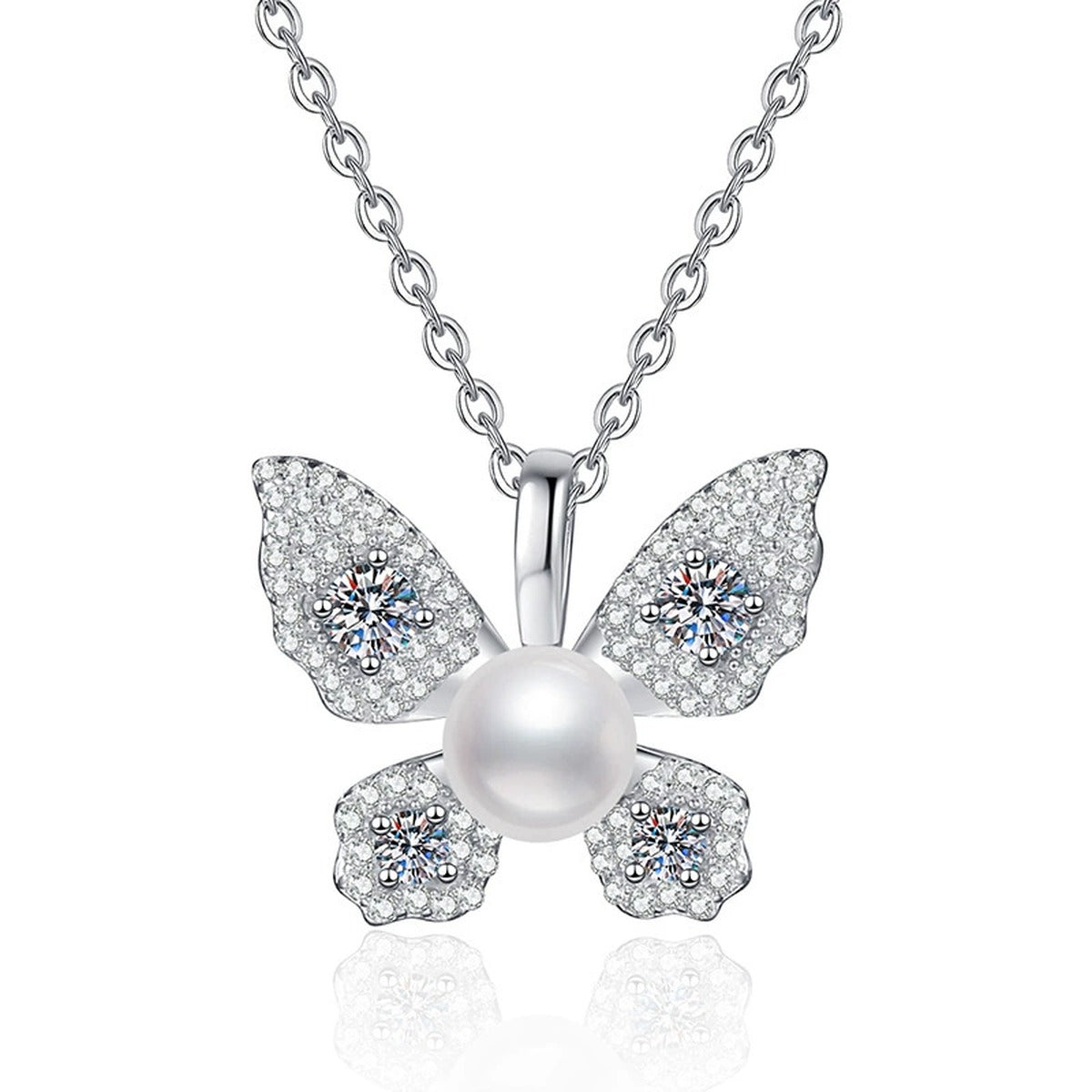 Butterfly Moissanite Freshwater Pearl Pendant Necklace with Cubic Zirconia in White Gold-Plated S925 Sterling Silver on clean white background showing the butterfly-inspired pendant with a freshwater pearl center