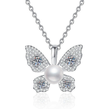 Butterfly Moissanite Freshwater Pearl Pendant Necklace with Cubic Zirconia in White Gold-Plated S925 Sterling Silver on clean white background showing the butterfly-inspired pendant with a freshwater pearl center
