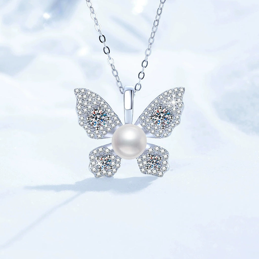 Butterfly Moissanite Freshwater Pearl Pendant Necklace with Cubic Zirconia in White Gold-Plated S925 Sterling Silver close-up product detail view