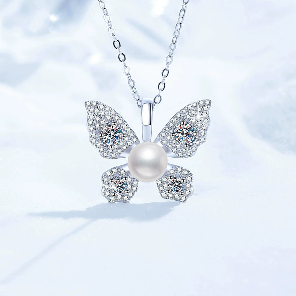 Butterfly Moissanite Freshwater Pearl Pendant Necklace with Cubic Zirconia in White Gold-Plated S925 Sterling Silver close-up product detail view