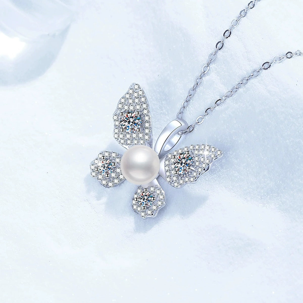Butterfly Moissanite Freshwater Pearl Pendant Necklace with Cubic Zirconia in White Gold-Plated S925 Sterling Silver close-up product detail view