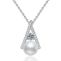 Triangle Moissanite Freshwater Pearl Pendant Necklace with Cubic Zirconia in White Gold-Plated S925 Sterling Silver on clean white background showing the triangle pendant with a freshwater pearl and moissanite detail