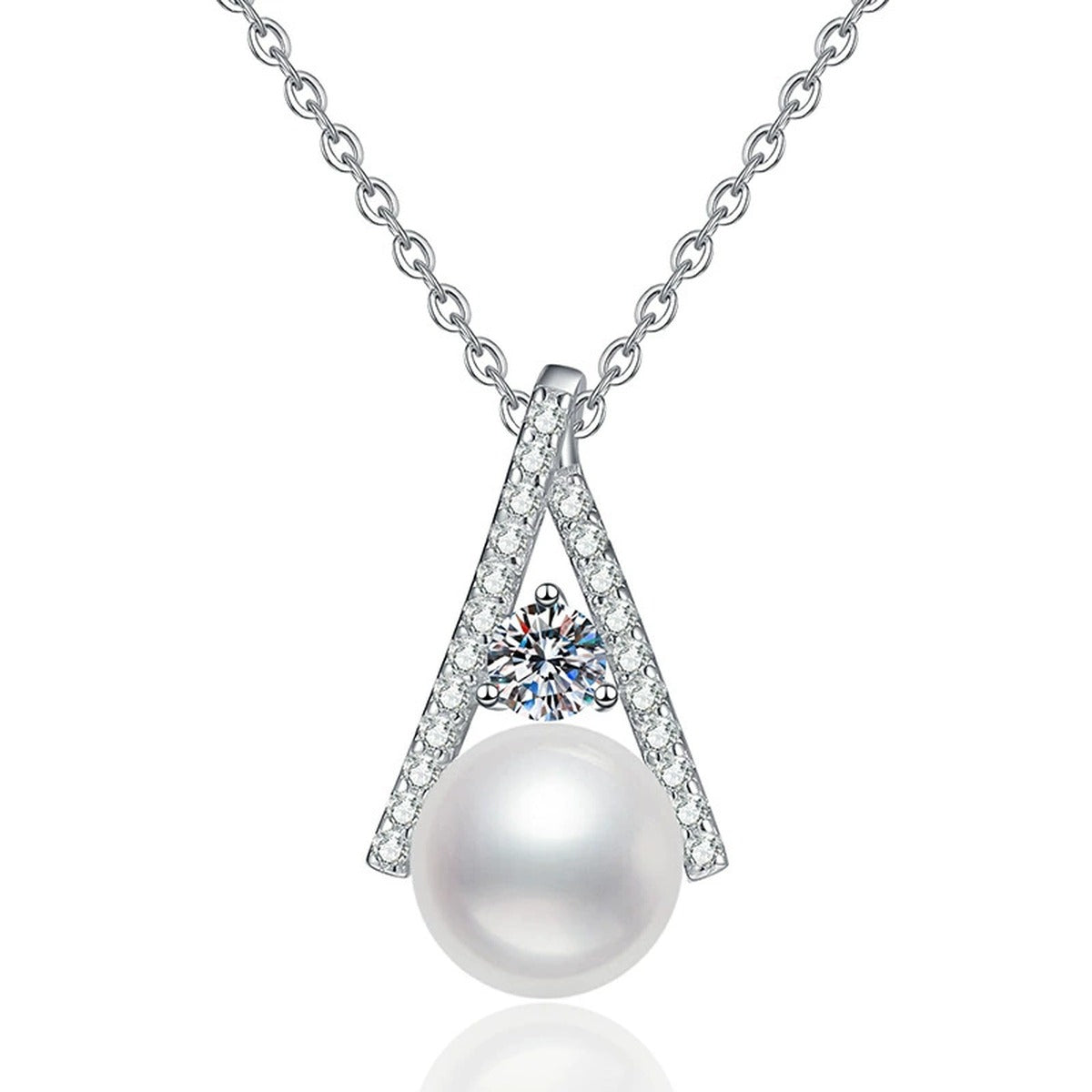 Triangle Moissanite Freshwater Pearl Pendant Necklace with Cubic Zirconia in White Gold-Plated S925 Sterling Silver on clean white background showing the triangle pendant with a freshwater pearl and moissanite detail