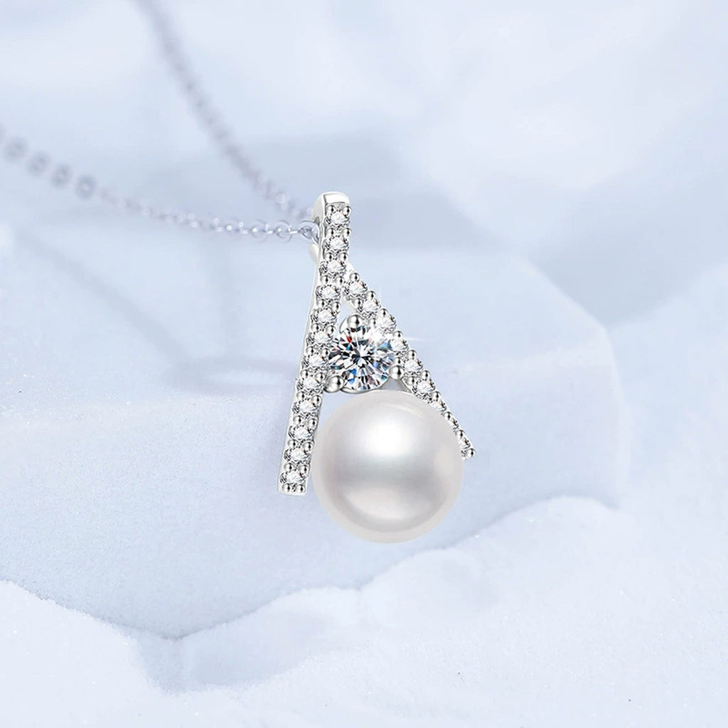 Triangle Moissanite Freshwater Pearl Pendant Necklace with Cubic Zirconia in White Gold-Plated S925 Sterling Silver close-up product detail view