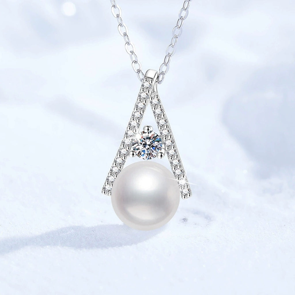 Triangle Moissanite Freshwater Pearl Pendant Necklace with Cubic Zirconia in White Gold-Plated S925 Sterling Silver close-up product detail view