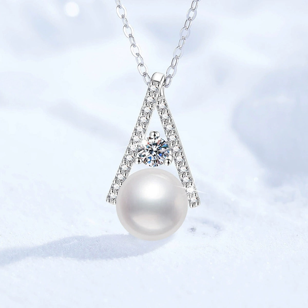 Triangle Moissanite Freshwater Pearl Pendant Necklace with Cubic Zirconia in White Gold-Plated S925 Sterling Silver close-up product detail view