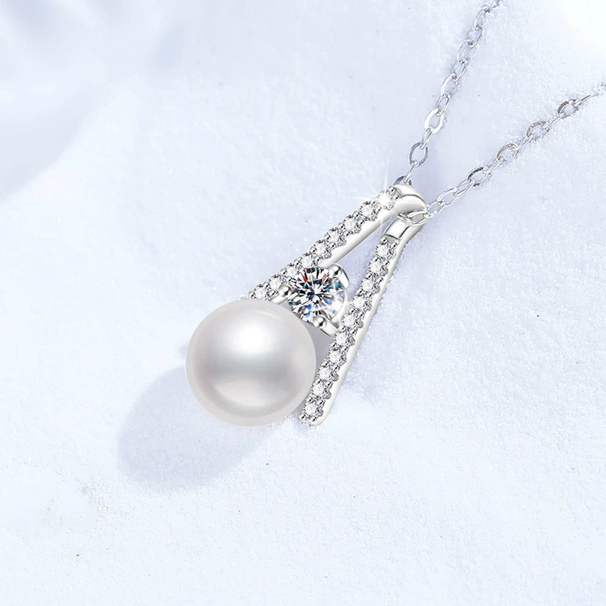 Triangle Moissanite Freshwater Pearl Pendant Necklace with Cubic Zirconia in White Gold-Plated S925 Sterling Silver close-up product detail view