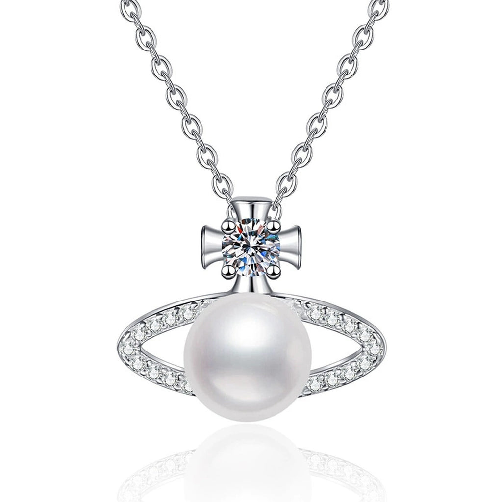 Orbit Moissanite Freshwater Pearl Pendant Necklace with Cubic Zirconia in White Gold-Plated S925 Sterling Silver on clean white background showing the orbit-style pendant with a freshwater pearl center