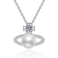 Orbit Moissanite Freshwater Pearl Pendant Necklace with Cubic Zirconia in White Gold-Plated S925 Sterling Silver on clean white background showing the orbit-style pendant with a freshwater pearl center