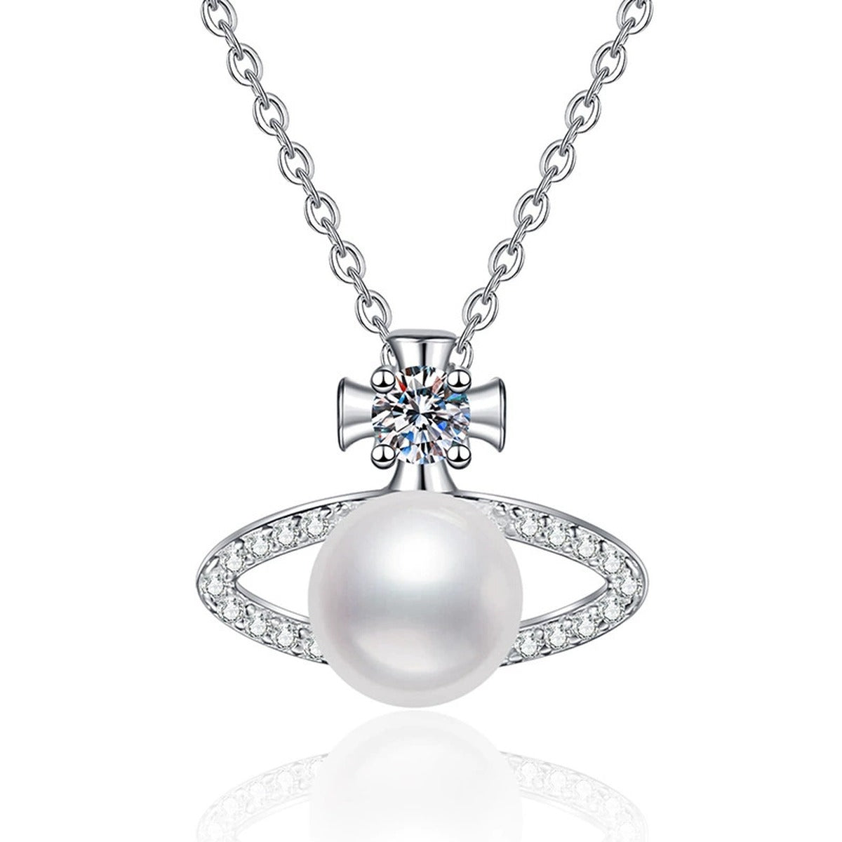 Orbit Moissanite Freshwater Pearl Pendant Necklace with Cubic Zirconia in White Gold-Plated S925 Sterling Silver on clean white background showing the orbit-style pendant with a freshwater pearl center