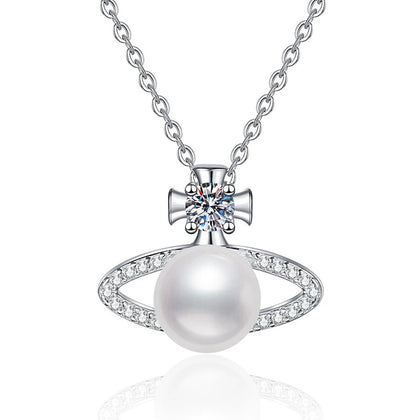 Orbit Moissanite Freshwater Pearl Pendant Necklace with Cubic Zirconia in White Gold-Plated S925 Sterling Silver on clean white background showing the orbit-style pendant with a freshwater pearl center