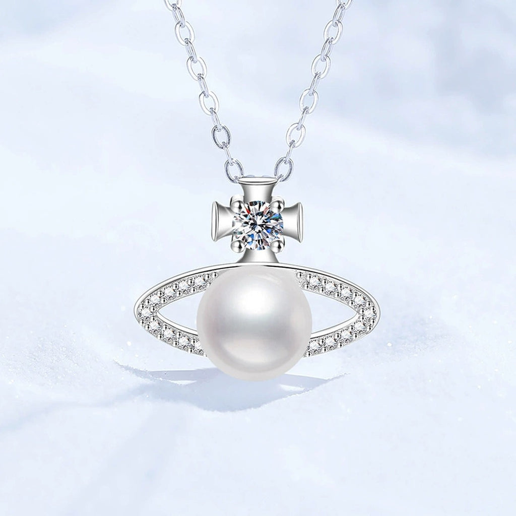 Orbit Moissanite Freshwater Pearl Pendant Necklace with Cubic Zirconia in White Gold-Plated S925 Sterling Silver close-up product detail view