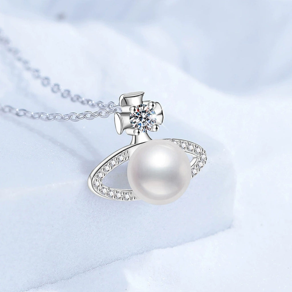 Orbit Moissanite Freshwater Pearl Pendant Necklace with Cubic Zirconia in White Gold-Plated S925 Sterling Silver close-up product detail view