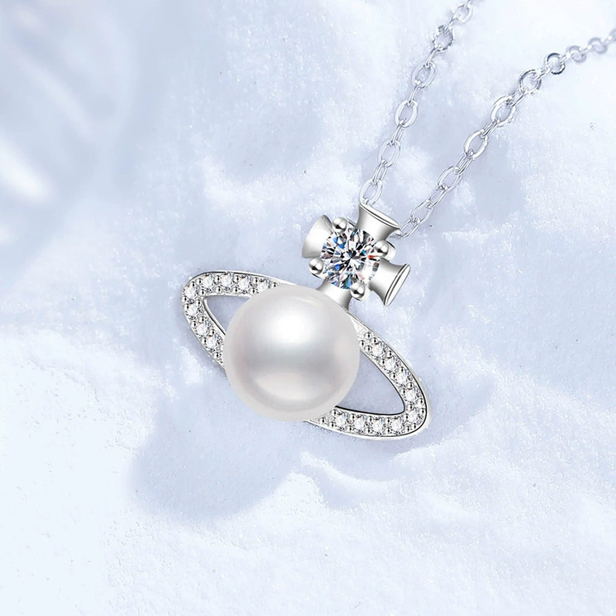 Orbit Moissanite Freshwater Pearl Pendant Necklace with Cubic Zirconia in White Gold-Plated S925 Sterling Silver close-up product detail view
