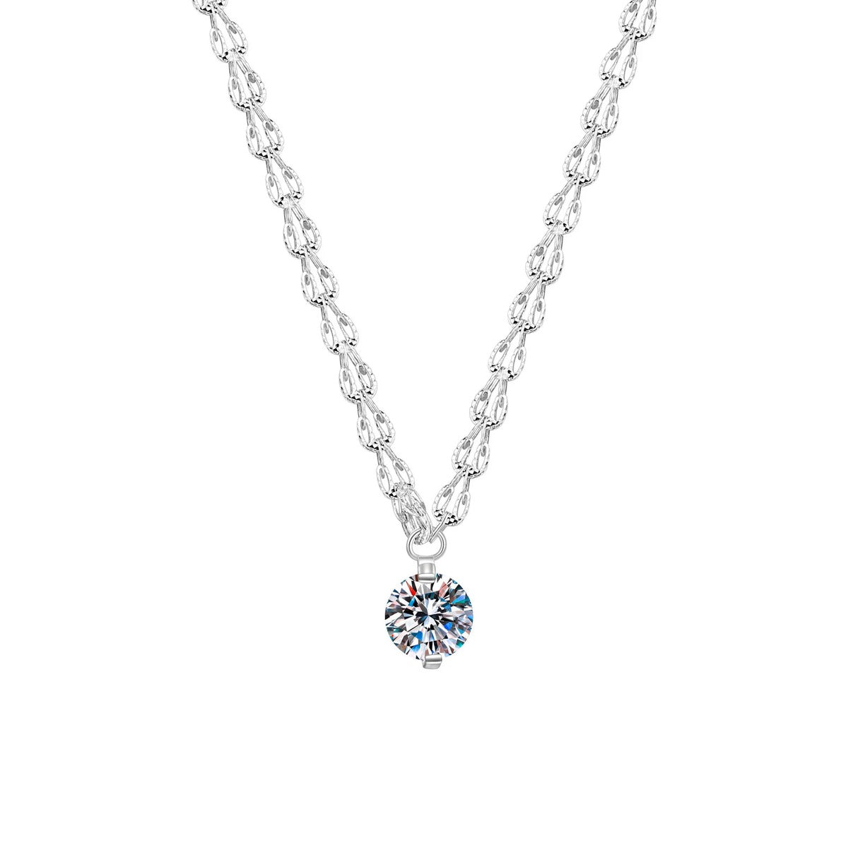 Round Moissanite Pendant Necklace in White Gold-Plated S925 Sterling Silver on clean white background showing the round moissanite pendant in a minimal white gold-plated setting
