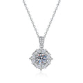 Floral Halo Moissanite Pendant Necklace with Cubic Zirconia in Platinum-Plated S925 Sterling Silver on clean white background showing the floral halo pendant with a pave bail
