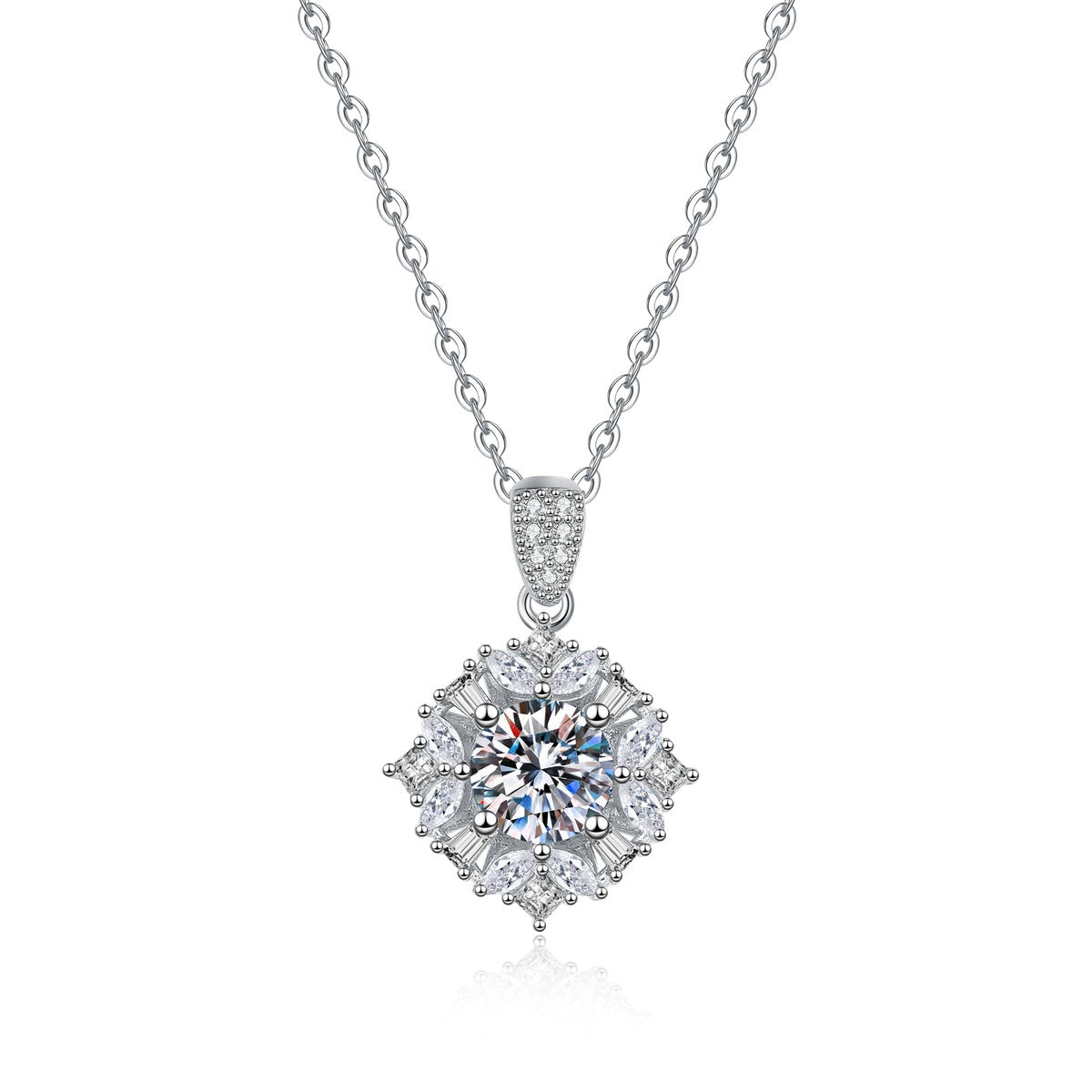 Floral Halo Moissanite Pendant Necklace with Cubic Zirconia in Platinum-Plated S925 Sterling Silver on clean white background showing the floral halo pendant with a pave bail