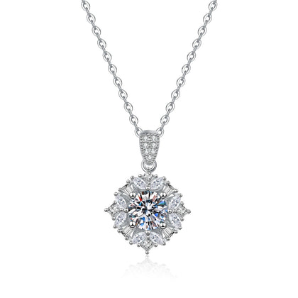 Floral Halo Moissanite Pendant Necklace with Cubic Zirconia in Platinum-Plated S925 Sterling Silver on clean white background showing the floral halo pendant with a pave bail
