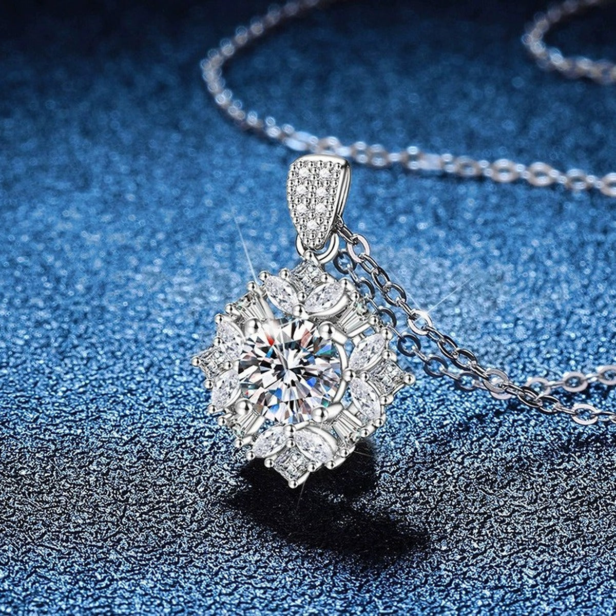 Floral Halo Moissanite Pendant Necklace with Cubic Zirconia in Platinum-Plated S925 Sterling Silver blue background product view