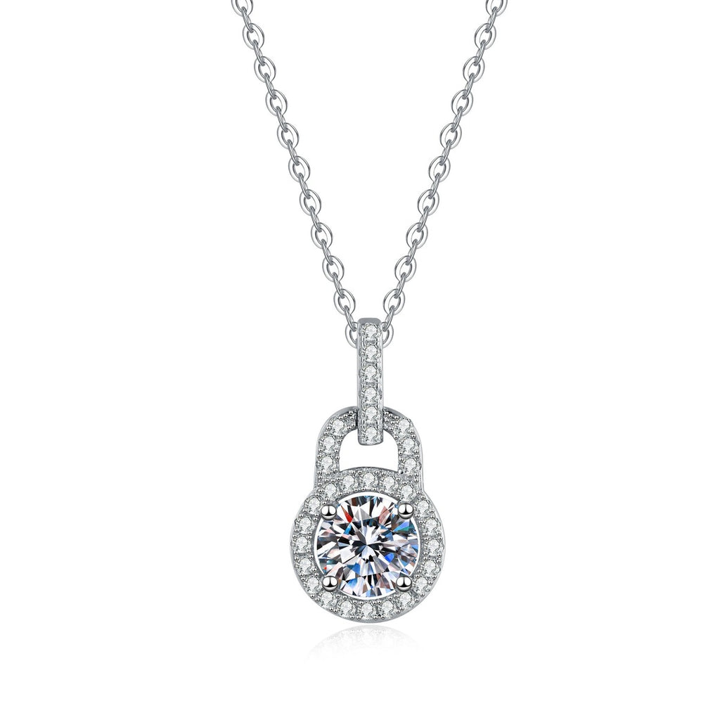 Oval Halo Moissanite Pendant Necklace with Cubic Zirconia in Platinum-Plated S925 Sterling Silver on clean white background showing the oval halo pendant with a slim stone-set bail