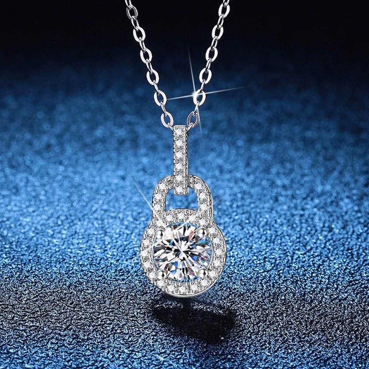Oval Halo Moissanite Pendant Necklace with Cubic Zirconia in Platinum-Plated S925 Sterling Silver blue background product view