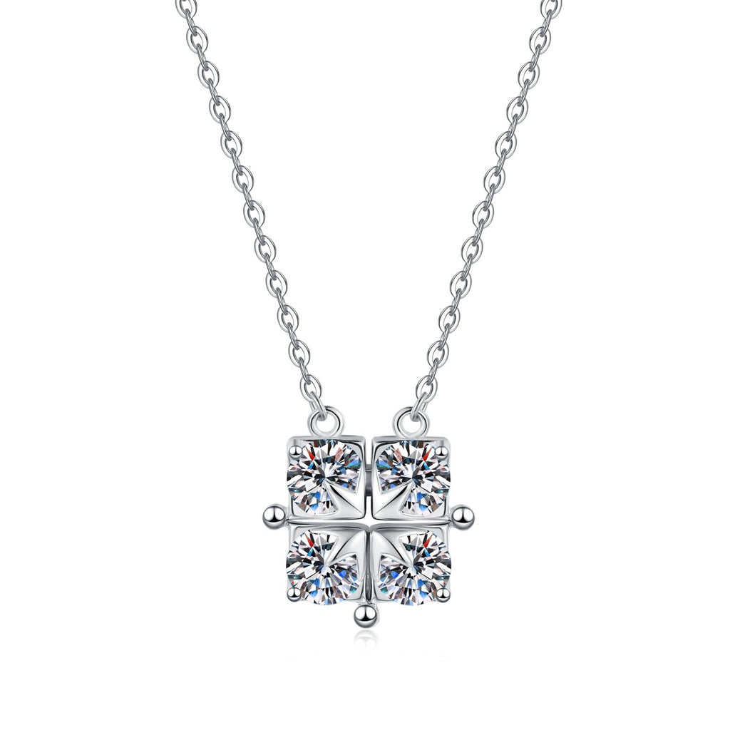 Geometric Four-Stone Moissanite Collar Necklace in Platinum-Plated S925 Sterling Silver on clean white background showing the geometric four-stone collar necklace