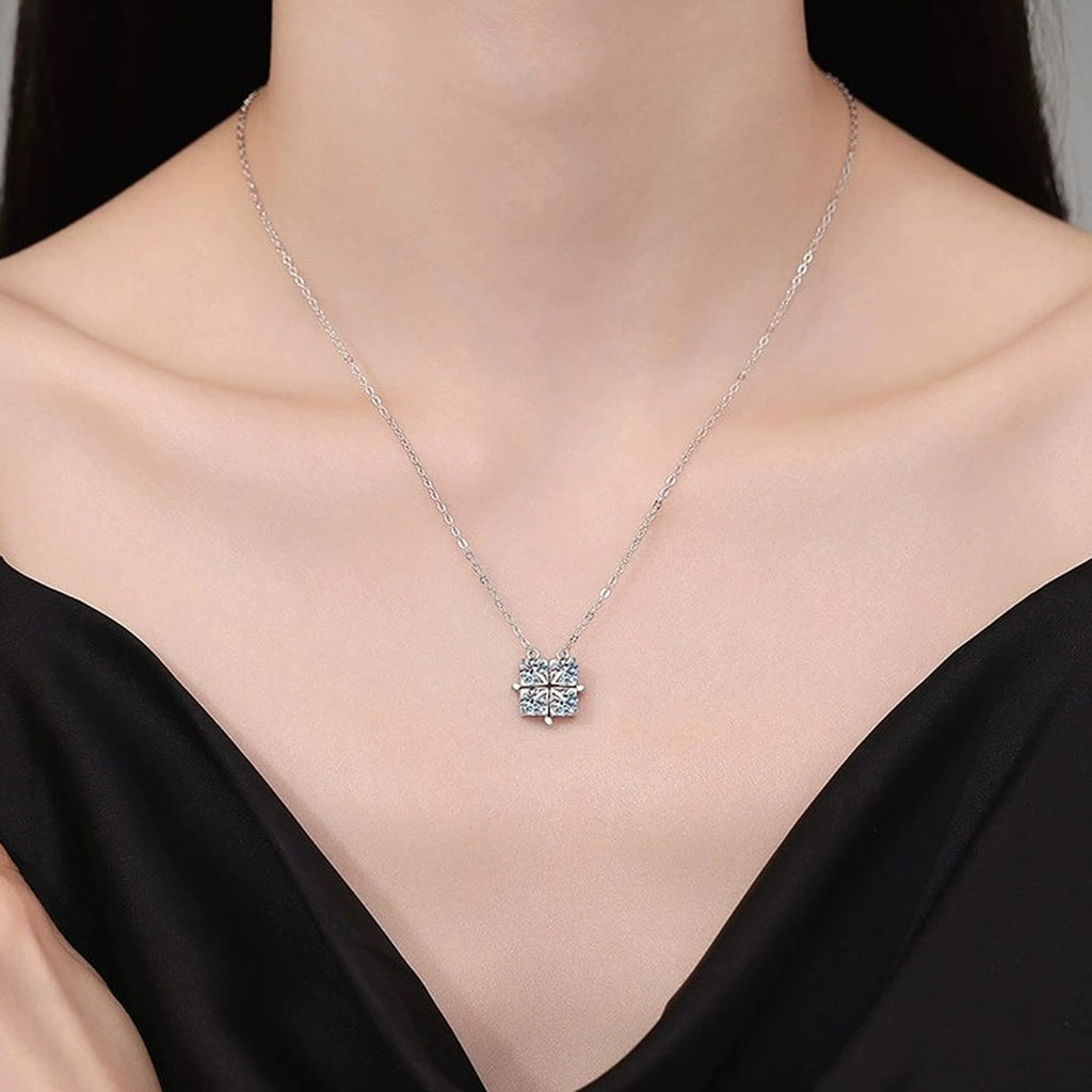 Geometric Four-Stone Moissanite Collar Necklace in Platinum-Plated S925 Sterling Silver worn on neckline by model