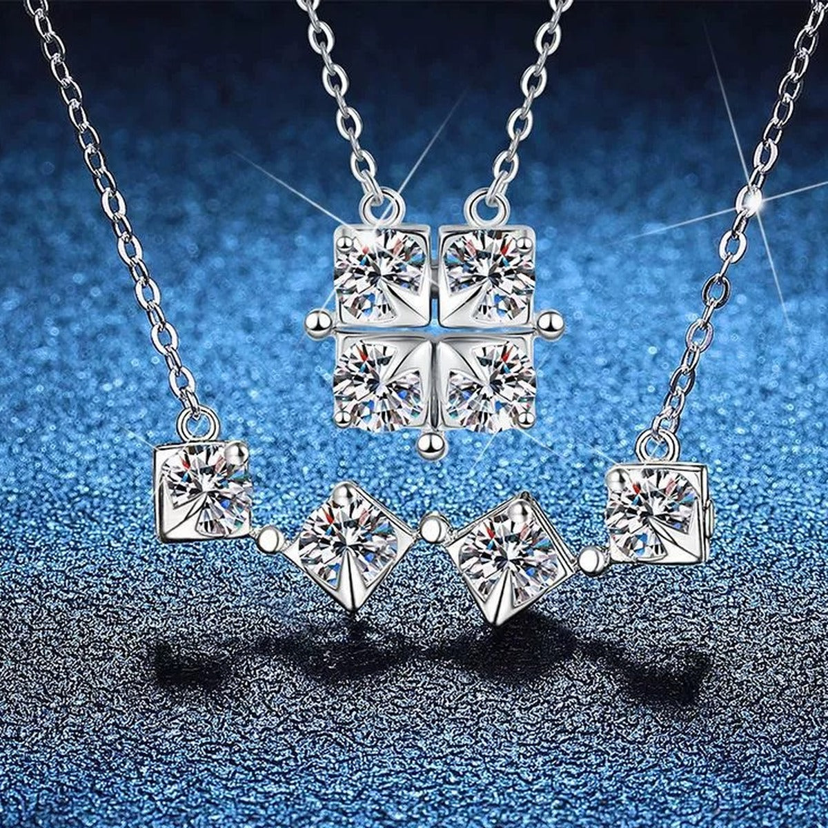 Geometric Four-Stone Moissanite Collar Necklace in Platinum-Plated S925 Sterling Silver blue background product view