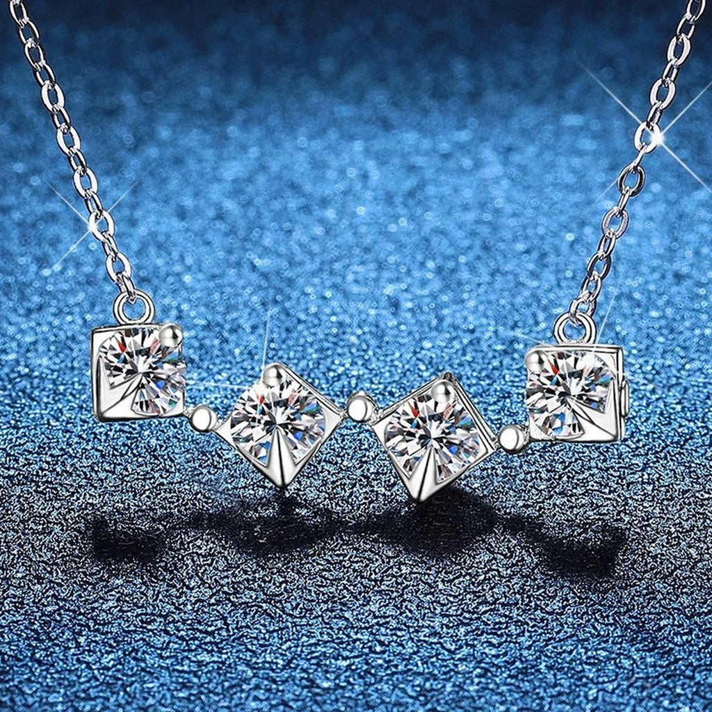 Geometric Four-Stone Moissanite Collar Necklace in Platinum-Plated S925 Sterling Silver blue background close-up view