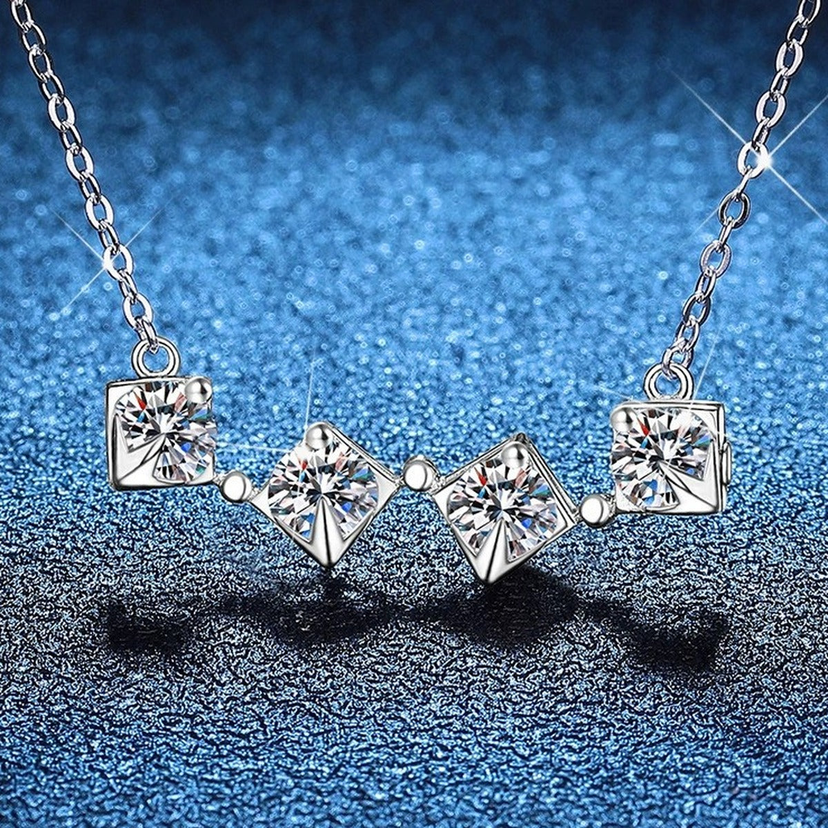 Geometric Four-Stone Moissanite Collar Necklace in Platinum-Plated S925 Sterling Silver blue background close-up view