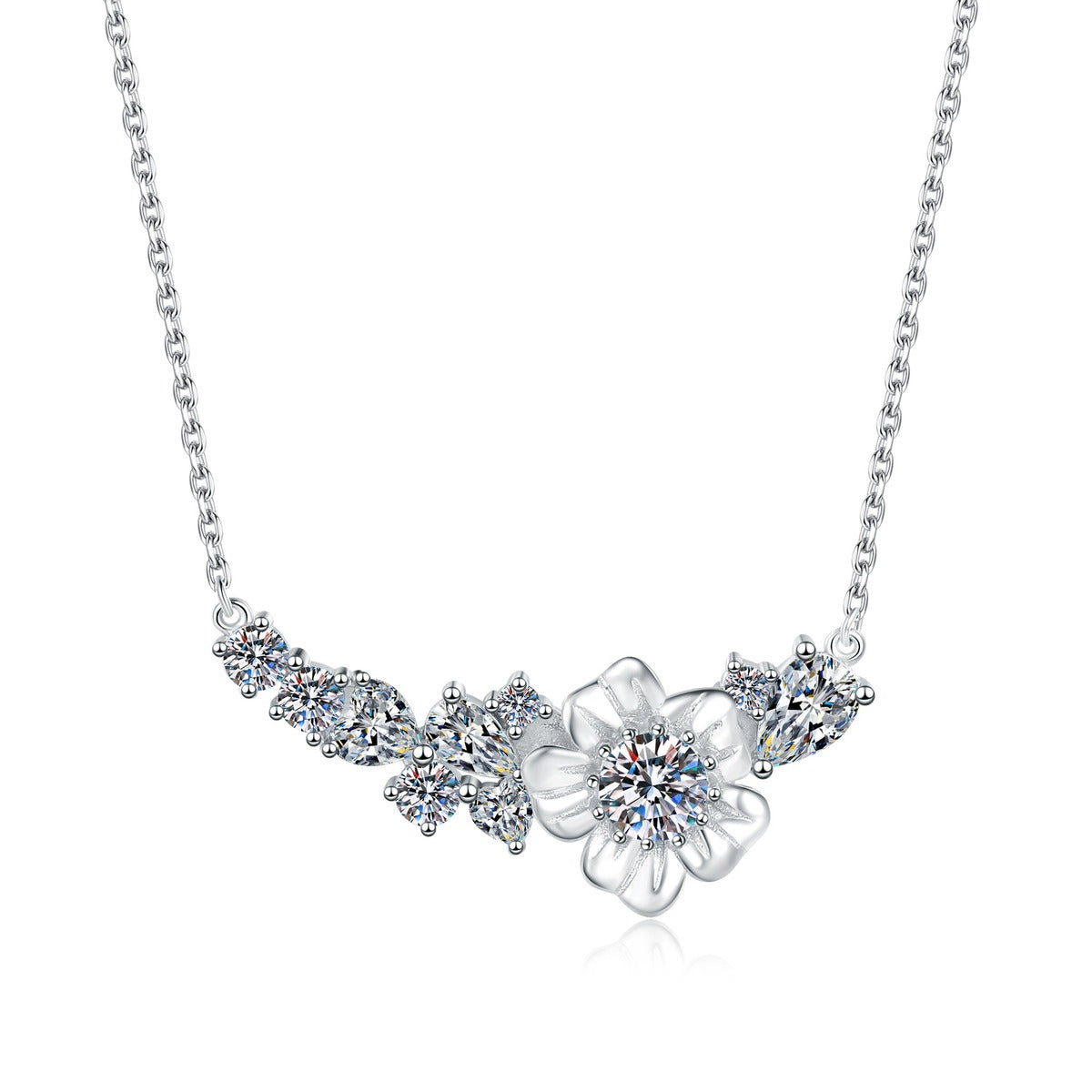 Floral Moissanite Collar Necklace with Cubic Zirconia in Platinum-Plated S925 Sterling Silver on clean white background showing the floral station collar necklace with side clusters