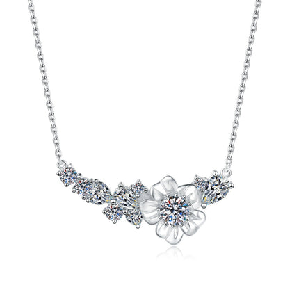 Floral Moissanite Collar Necklace with Cubic Zirconia in Platinum-Plated S925 Sterling Silver on clean white background showing the floral station collar necklace with side clusters