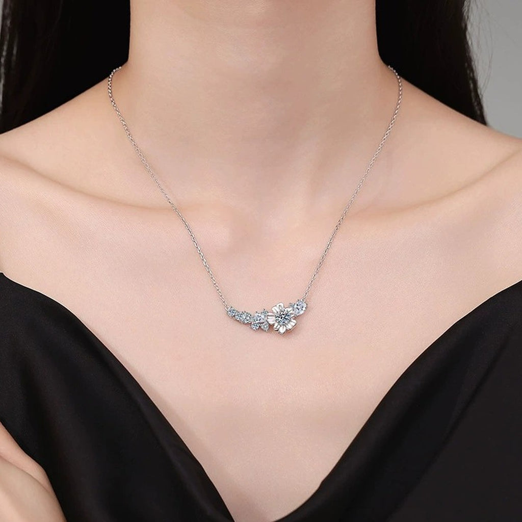 Floral Moissanite Collar Necklace with Cubic Zirconia in Platinum-Plated S925 Sterling Silver worn on neckline by model