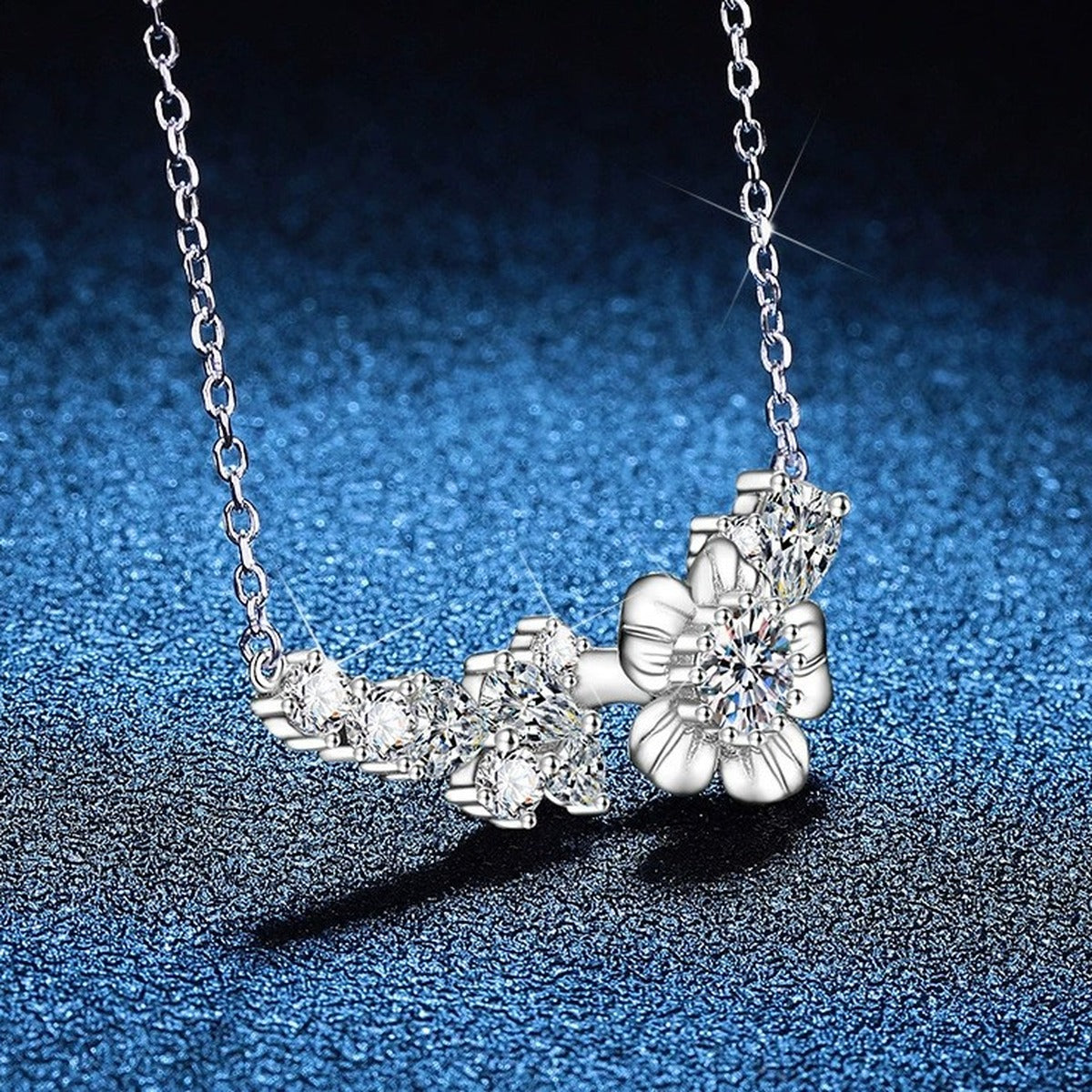 Floral Moissanite Collar Necklace with Cubic Zirconia in Platinum-Plated S925 Sterling Silver blue background product view