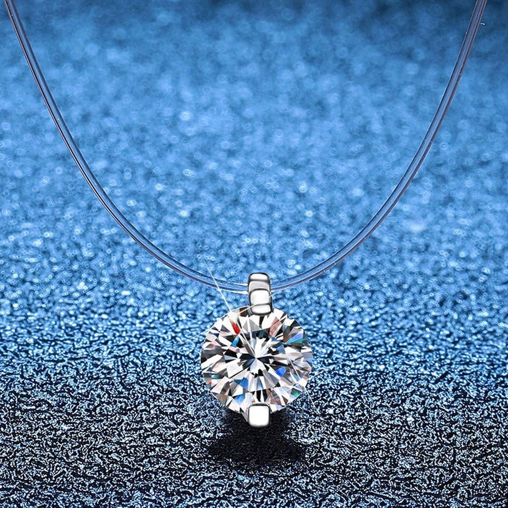 Round Moissanite Pendant Necklace in White Gold-Plated S925 Sterling Silver blue background product view
