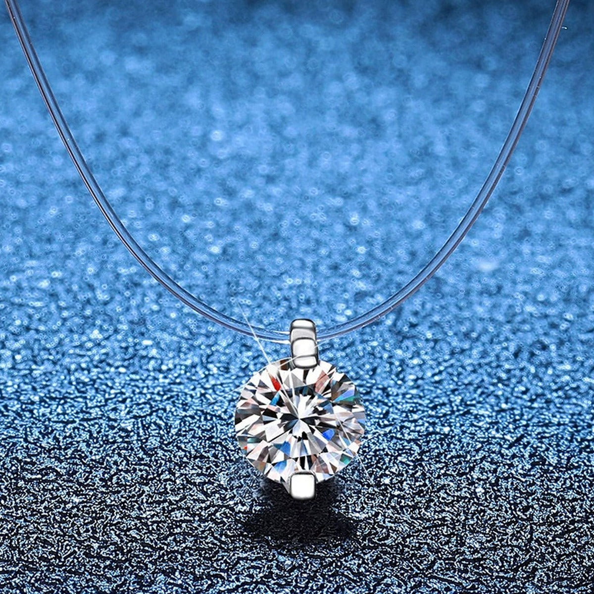 Round Moissanite Pendant Necklace in White Gold-Plated S925 Sterling Silver blue background product view