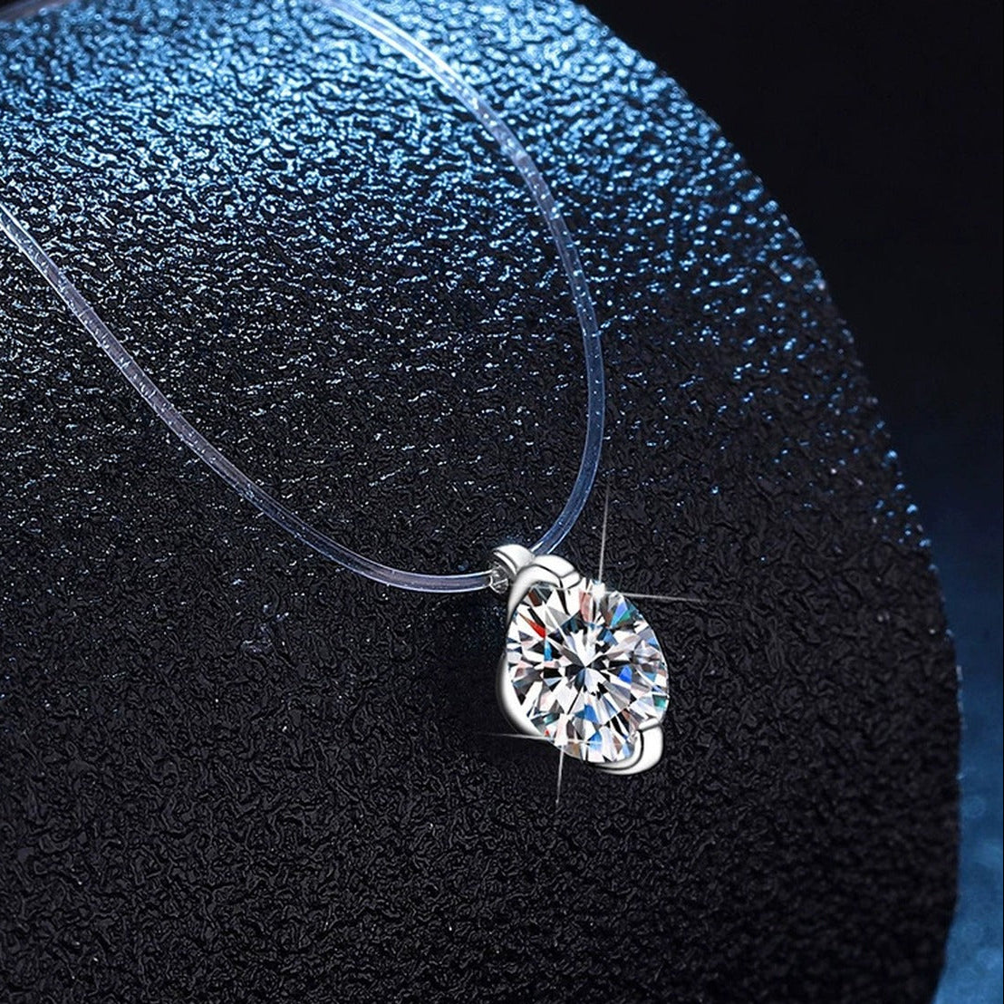 Round Moissanite Pendant Necklace in White Gold-Plated S925 Sterling Silver dark background product display view