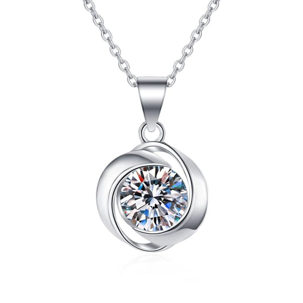 Round Swirl Moissanite Pendant Necklace in Platinum-Plated S925 Sterling Silver on clean white background showing the round swirl pendant wrapped around a moissanite center