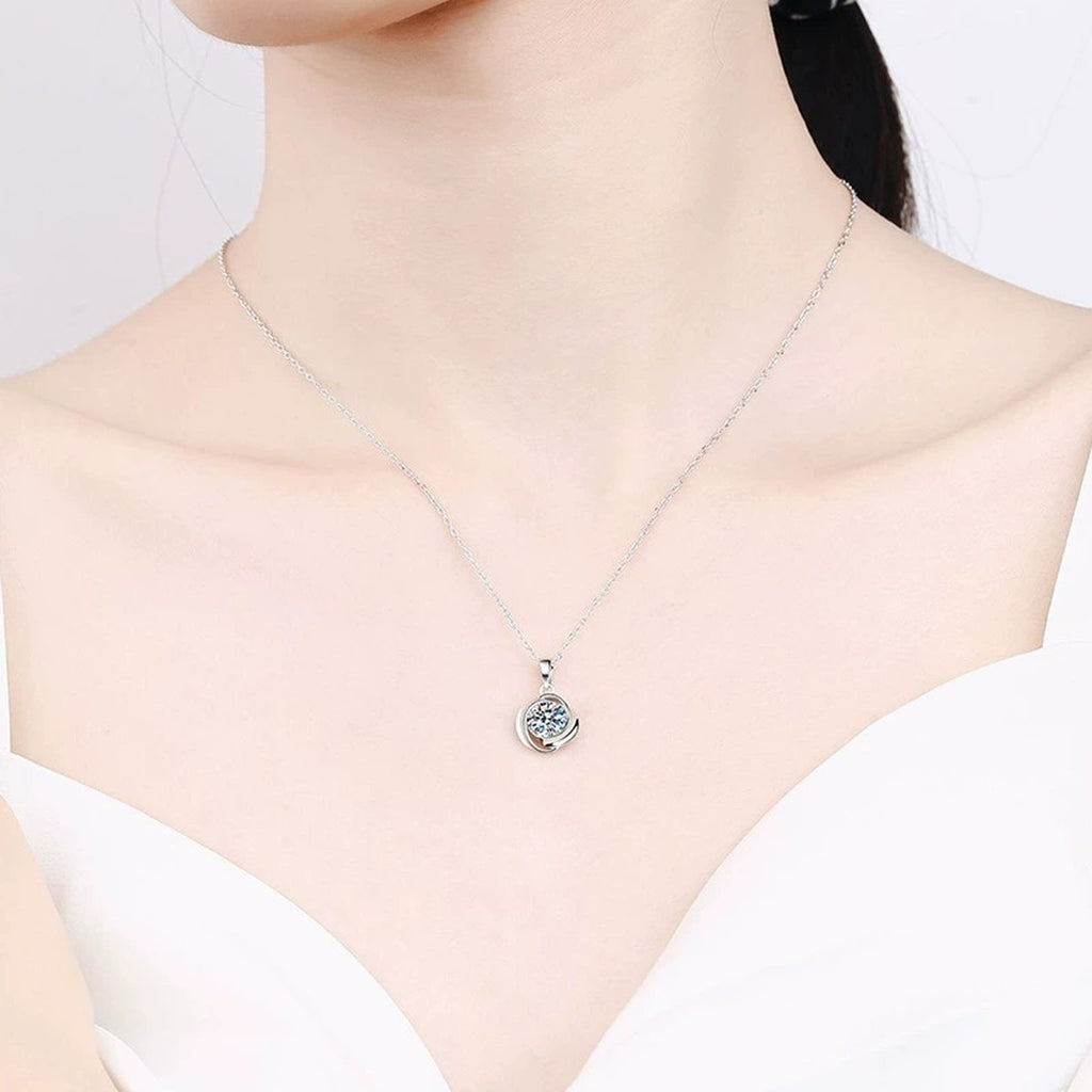 Round Swirl Moissanite Pendant Necklace in Platinum-Plated S925 Sterling Silver worn on neckline by model