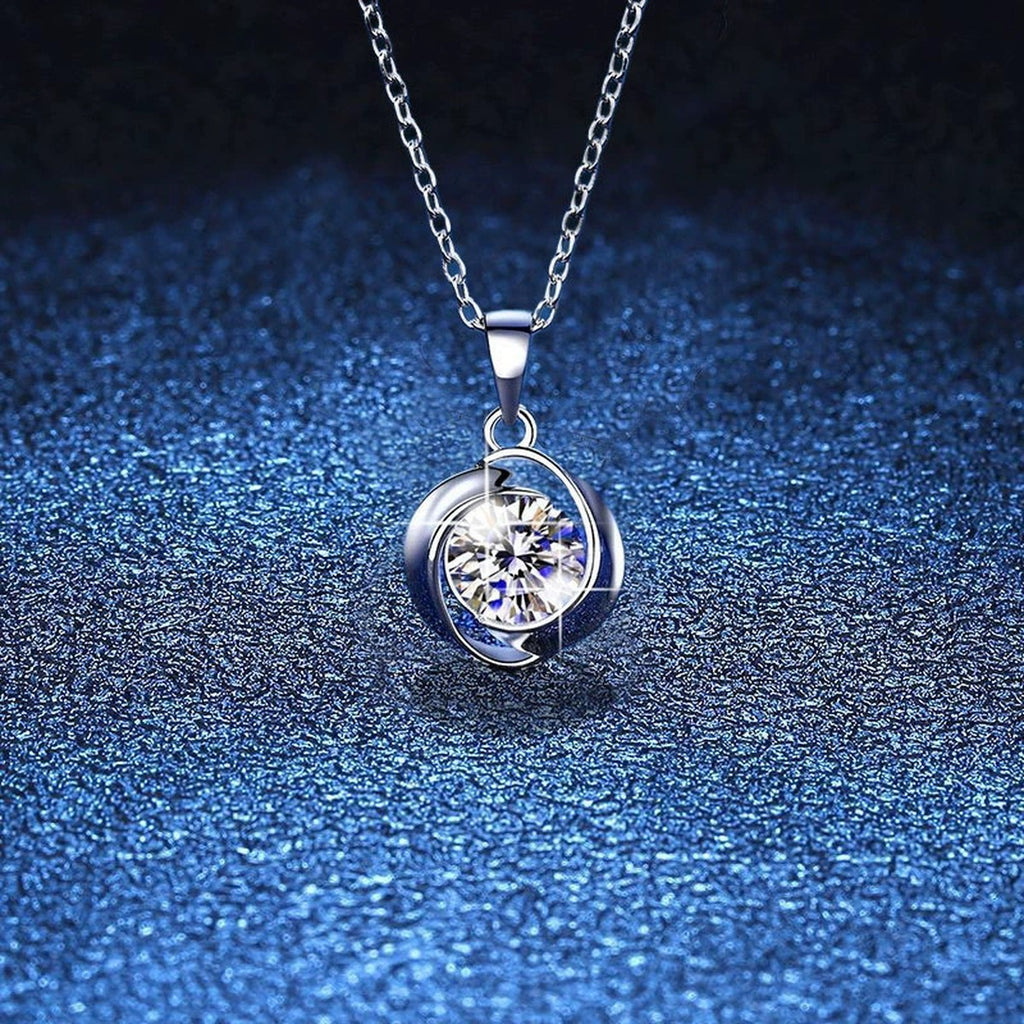 Round Swirl Moissanite Pendant Necklace in Platinum-Plated S925 Sterling Silver blue background product view