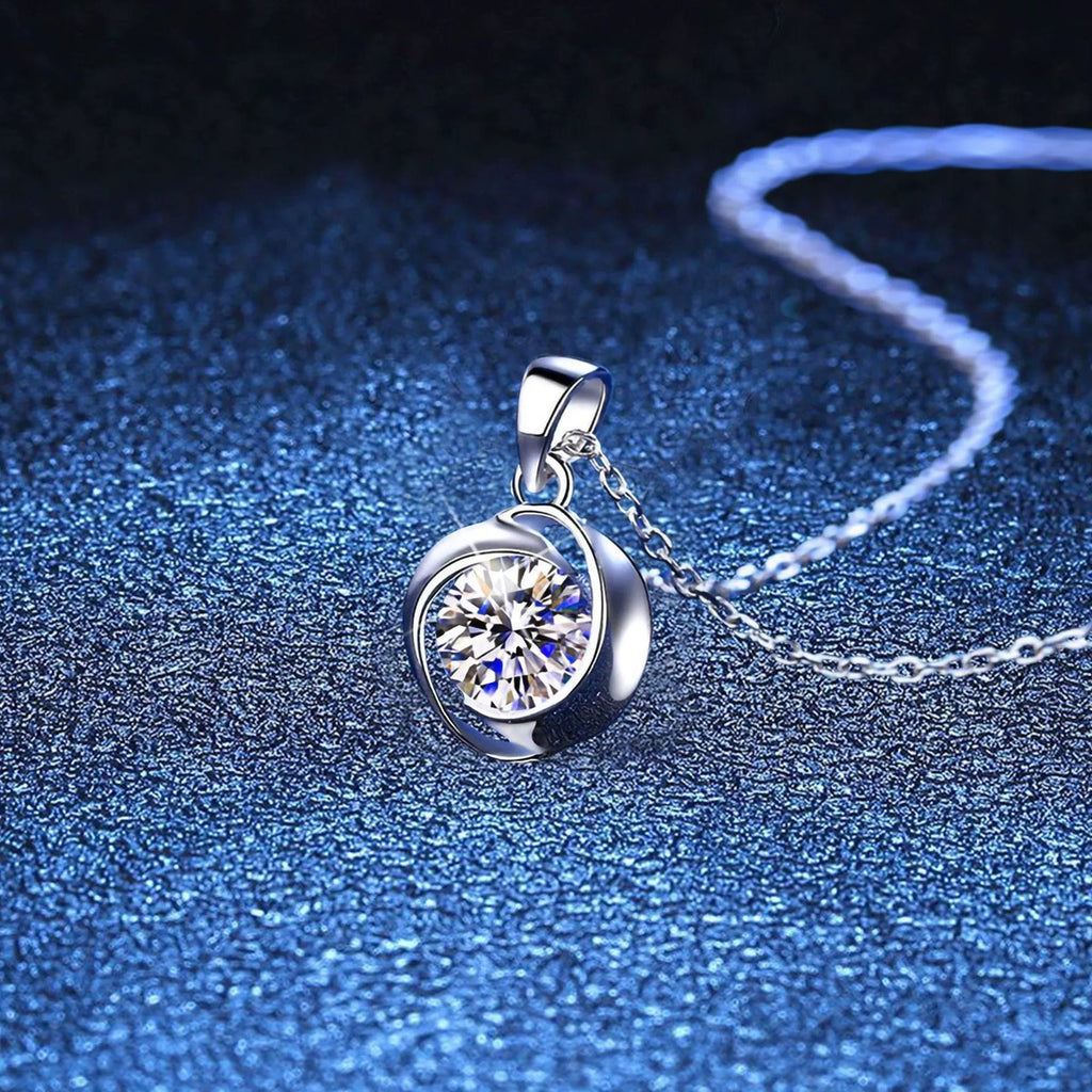 Round Swirl Moissanite Pendant Necklace in Platinum-Plated S925 Sterling Silver blue background angled view