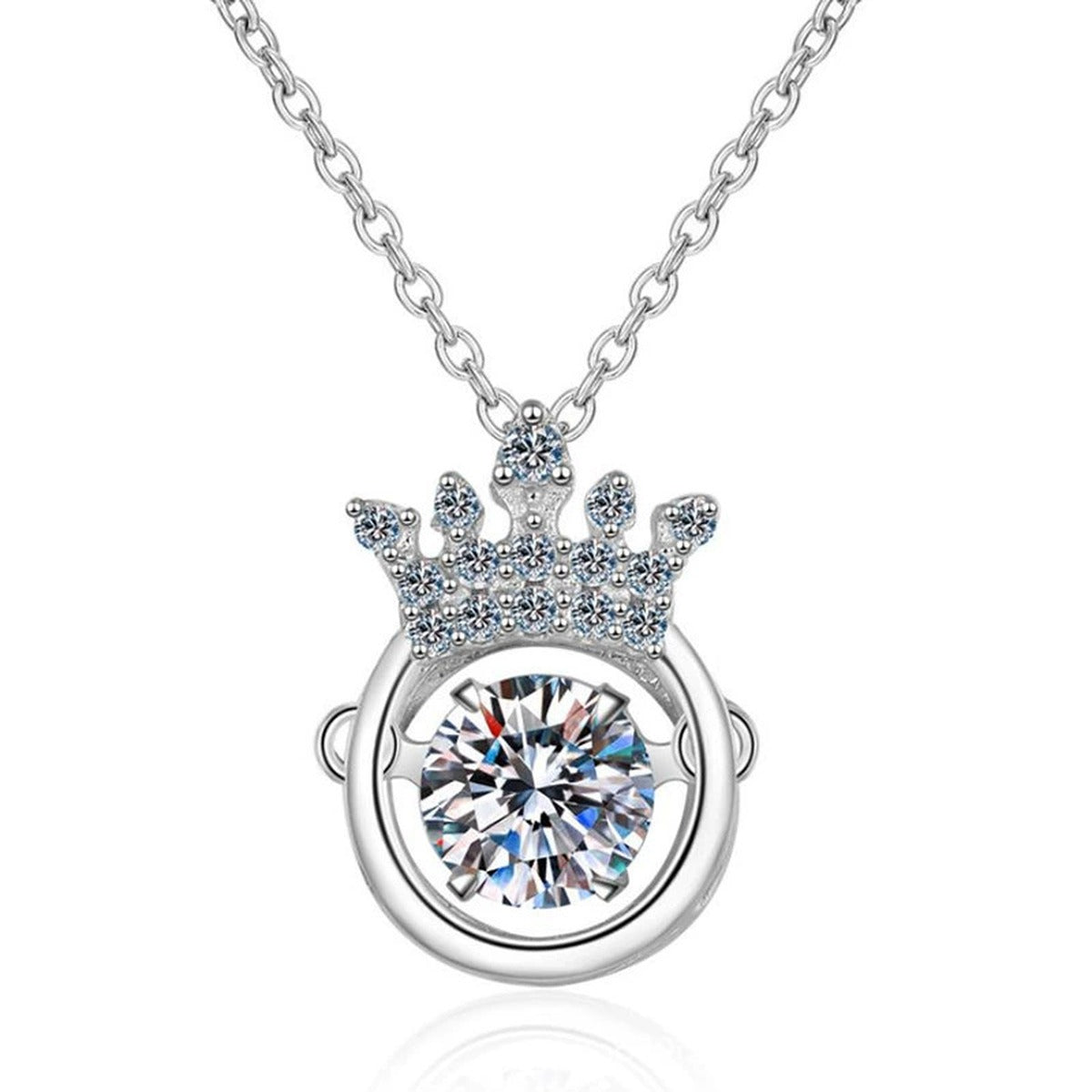 Crown Halo Moissanite Pendant Necklace with Cubic Zirconia in Platinum-Plated S925 Sterling Silver on clean white background showing the crown-topped halo pendant with a round center stone