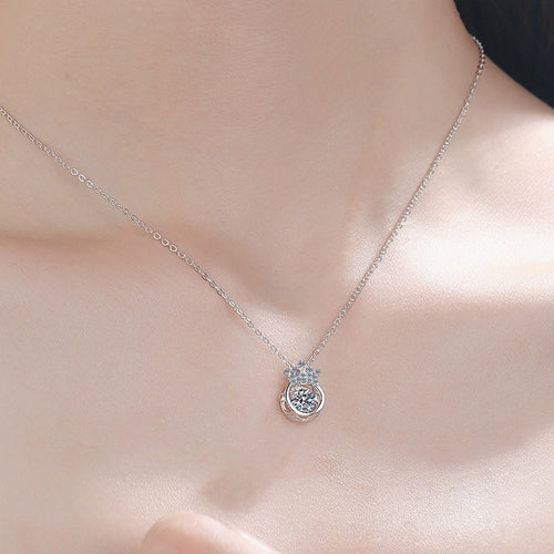 Crown Halo Moissanite Pendant Necklace with Cubic Zirconia in Platinum-Plated S925 Sterling Silver worn on neckline by model
