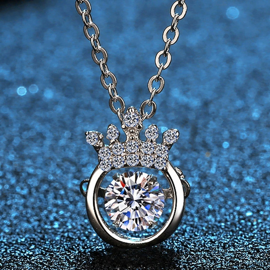 Crown Halo Moissanite Pendant Necklace with Cubic Zirconia in Platinum-Plated S925 Sterling Silver blue background product view