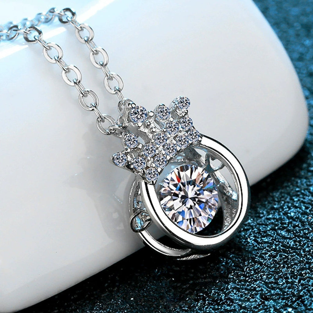 Crown Halo Moissanite Pendant Necklace with Cubic Zirconia in Platinum-Plated S925 Sterling Silver close-up product detail view