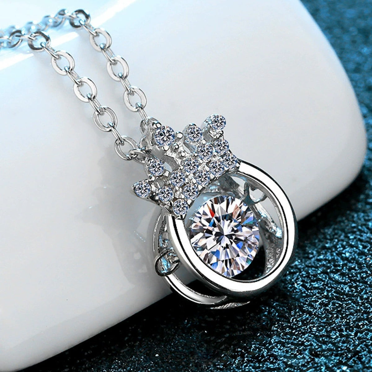 Crown Halo Moissanite Pendant Necklace with Cubic Zirconia in Platinum-Plated S925 Sterling Silver close-up product detail view