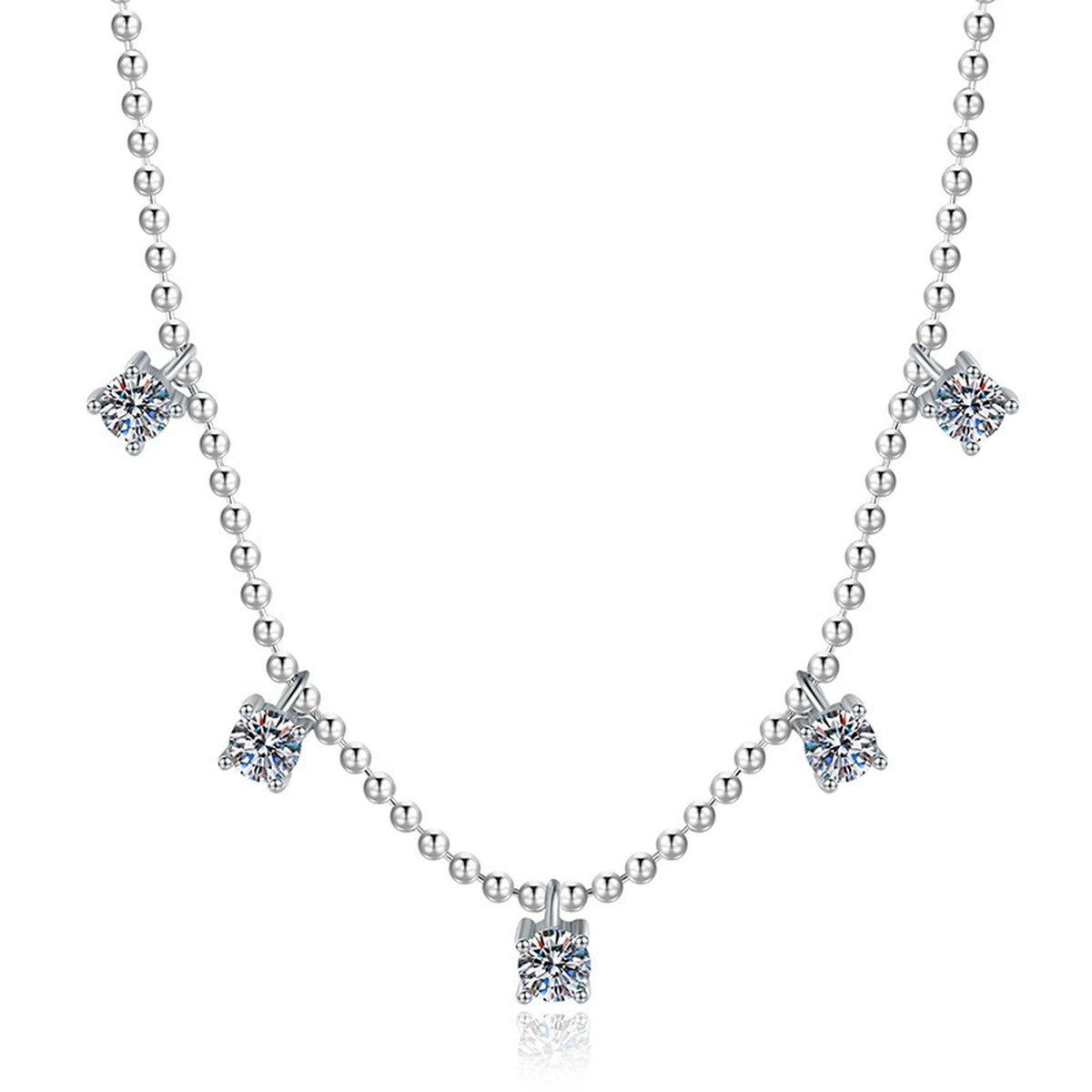 Five-Stone Station Moissanite Necklace in Platinum-Plated S925 Sterling Silver on clean white background showing the five-stone station necklace on a beaded chain
